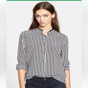 The Kooples stripe Silk Blouse With Leather Trimmed Collar